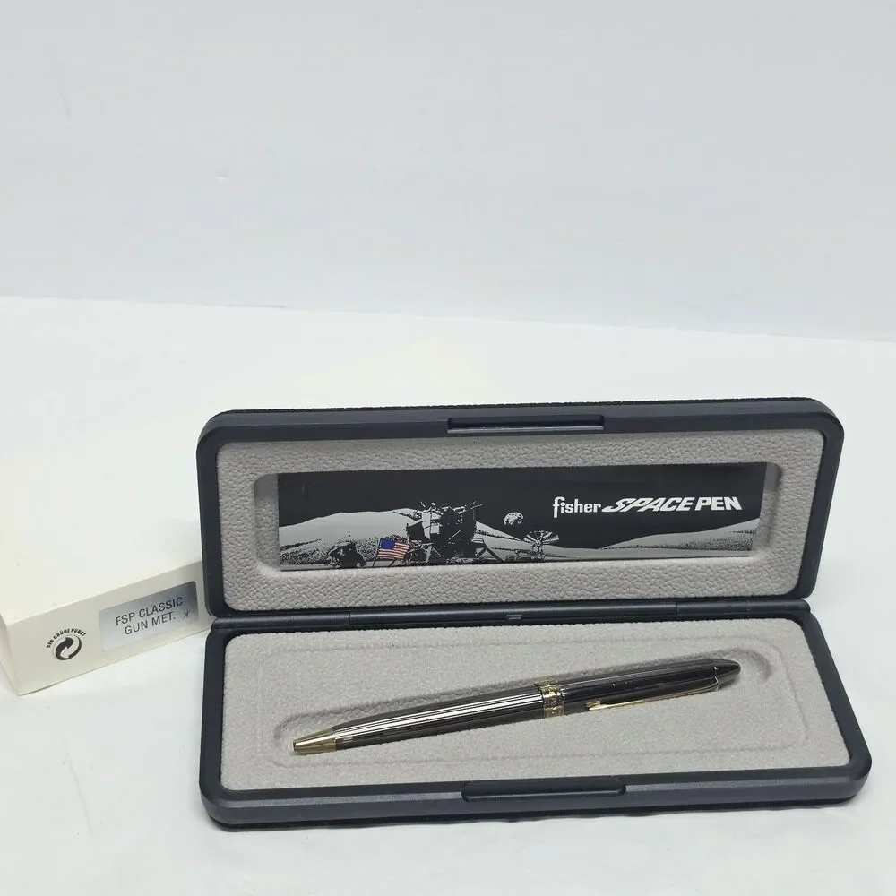 Fisher Original Astronaut Classic Space Pen Gunmetal Gold Tone Rim With Box